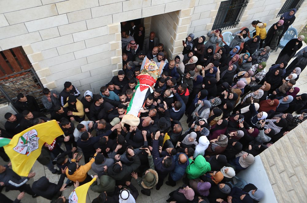 Palestinians attend the funeral procession of the teenager Mustafa Amer Sabah who was shot and killed by Israeli forces in the West Bank city of Bethlehem on April 29, 2023. Israeli occupation forces killed at least 12 Palestinians in April 2023. 