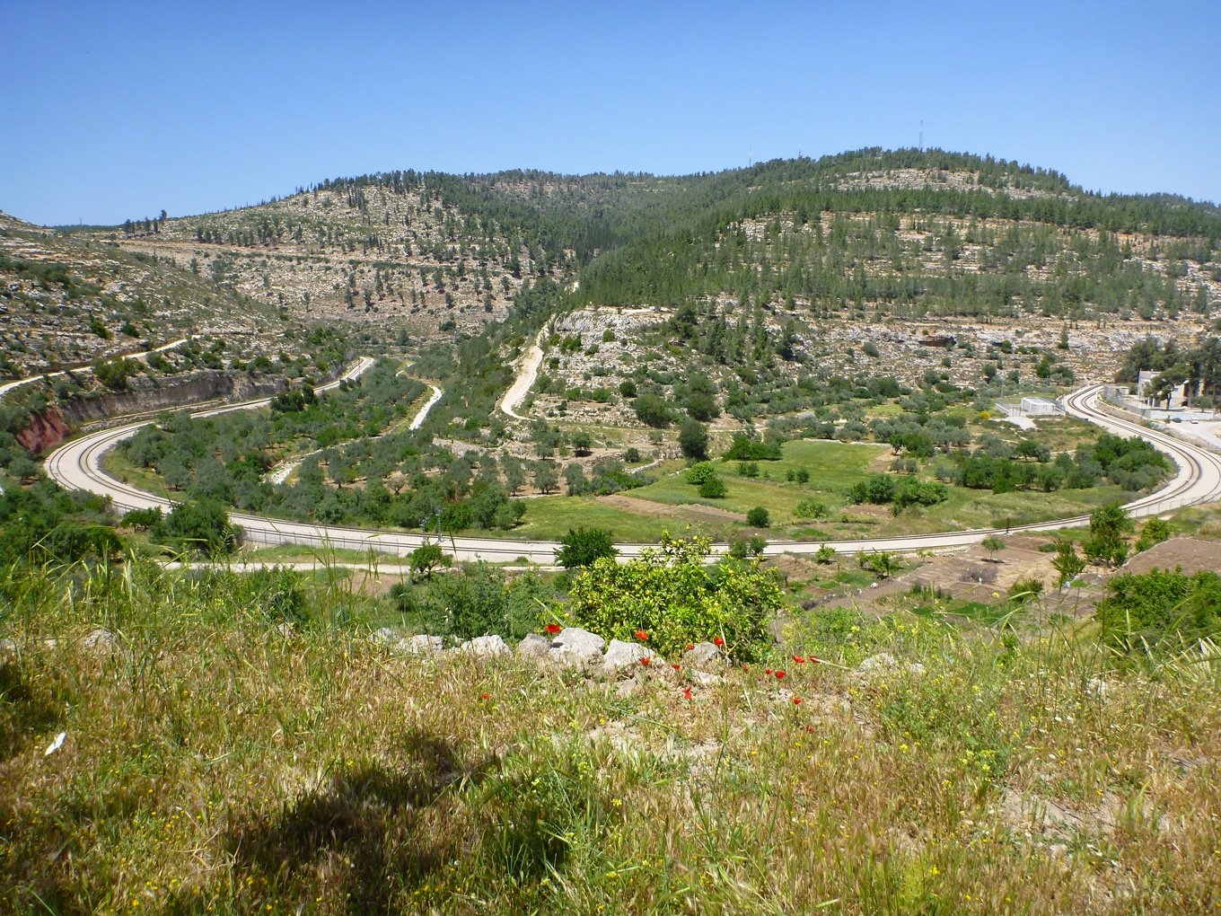 Pemandangan alam bagian utara Desa Battir di Tepi Barat, menampilkan lanskap perbukitan dan terasering khas wilayah Palestina.