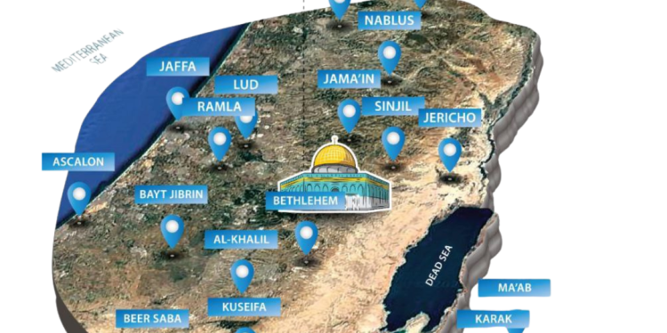 Peta asli Baitul Maqdis menurut teori Lingkaran Keberkahan dari Prof. Abd al-Fattah El-Awaisi, menunjukkan wilayah Tanah Suci (Al-Arḍ Al-Muqaddasah) sebagaimana disebutkan dalam Al-Qur’an.