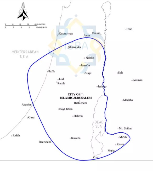Peta lingkaran pertama yang menunjukkan batas wilayah Tanah yang Disucikan (al-Arḍ al-Muqaddasah) menurut konsep spiritual dalam Al-Qur’an.