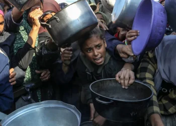 Para pengungsi Palestina yang berjuang melawan kelaparan menunggu untuk menerima makanan hangat yang dibagikan oleh organisasi amal, di wilayah al-Mawasi, Khan Yunis, Gaza pada 17 Desember 2025. [Abed Rahim Khatib – Anadolu Agency]