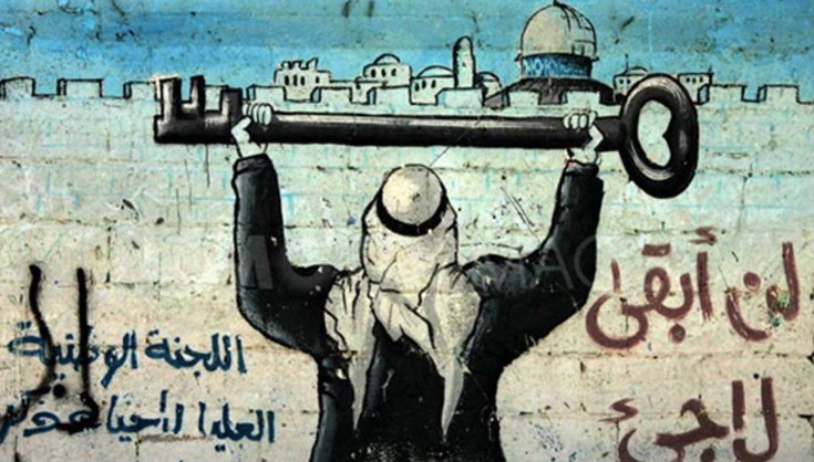 Al-Aqsa, kunci, dan keyakinan bahwa mereka akan kembali, sebagaimana tertulis dalam grafiti, “Aku tidak akan selamanya menjadi pengungsi” (PRC)