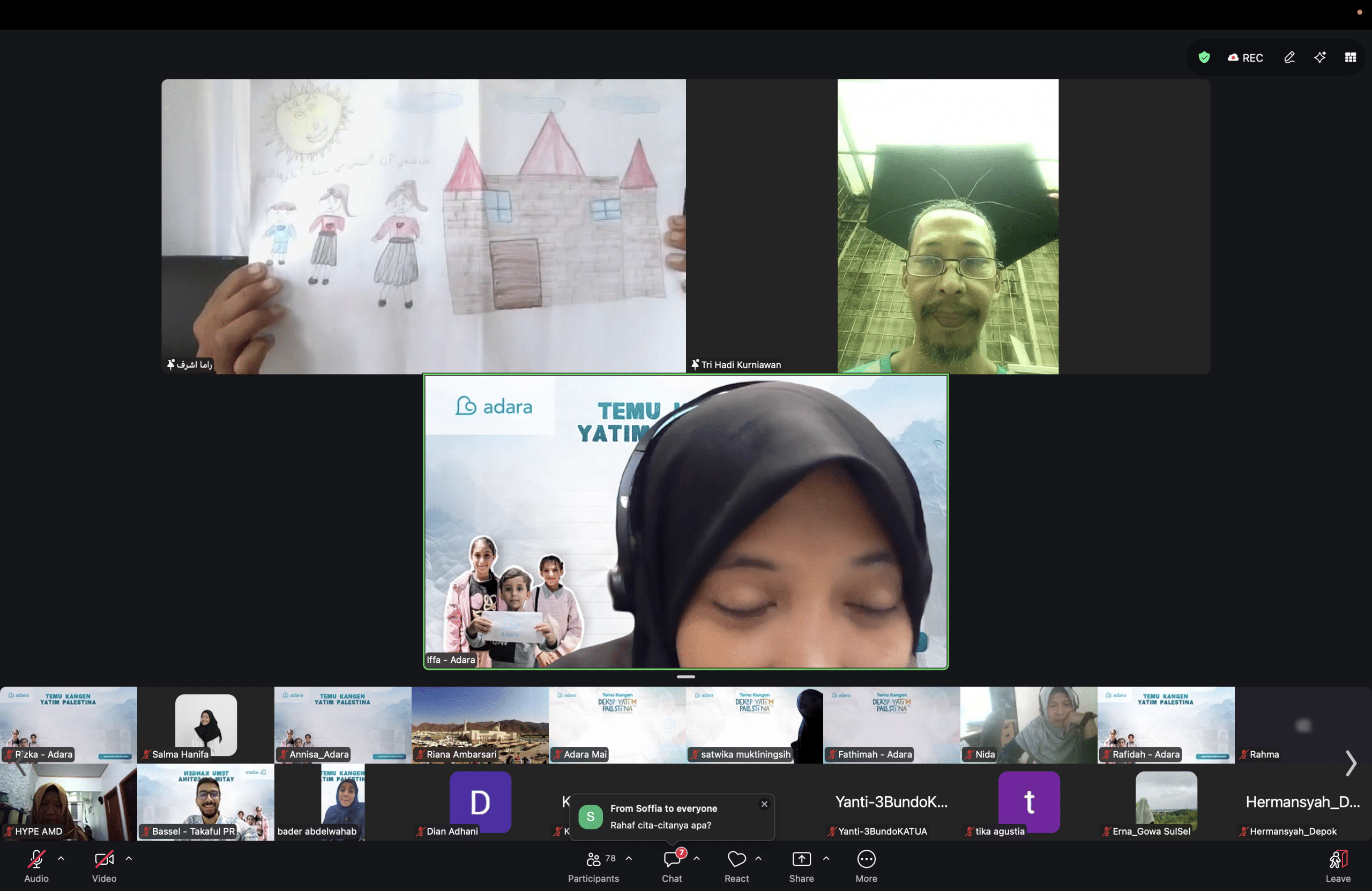Rahaf Saad menggambar dirinya bersama kedua adiknya. Mereka bertiga berada di rumah Rahaf, sebelum kini dihancurkan dan mereka mengungsi ke kamp pengungsian di Khan Younis.